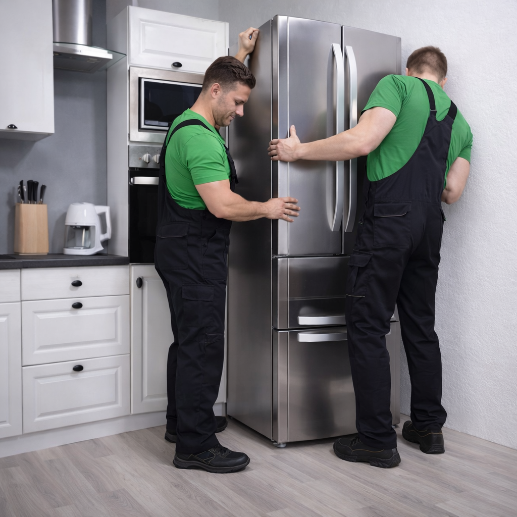 Two professional technicians in green shirts and overalls installing a stainless steel French door refrigerator.