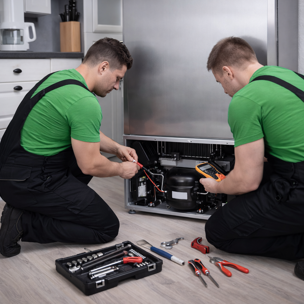 Two professional technicians in green shirts and overalls installing a stainless steel French door refrigerator.