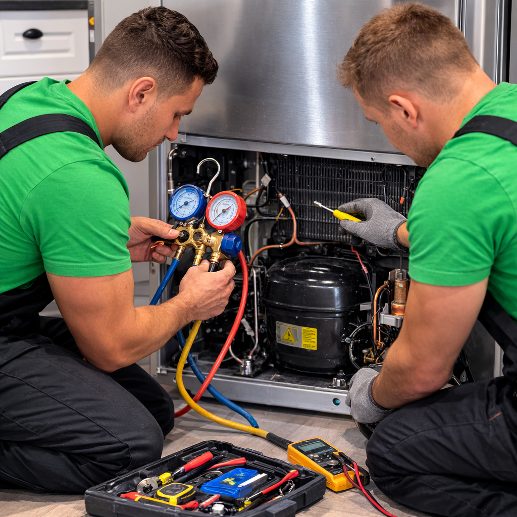 Two technicians using pressure gauges and tools to repair a refrigerator compressor in a Lakeway kitchen.