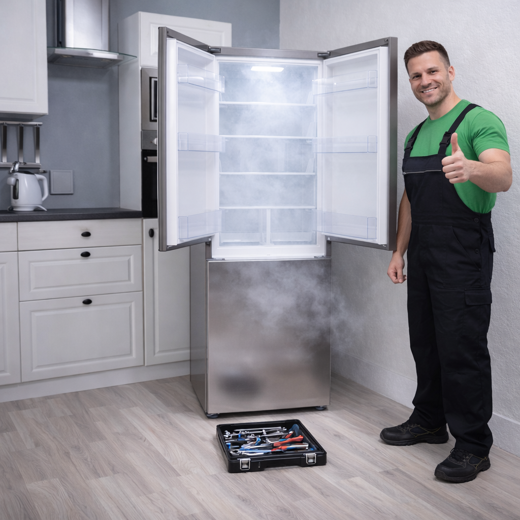 technician using pressure gauges and tools to repair a refrigerator compressor in a Lakeway kitchen.