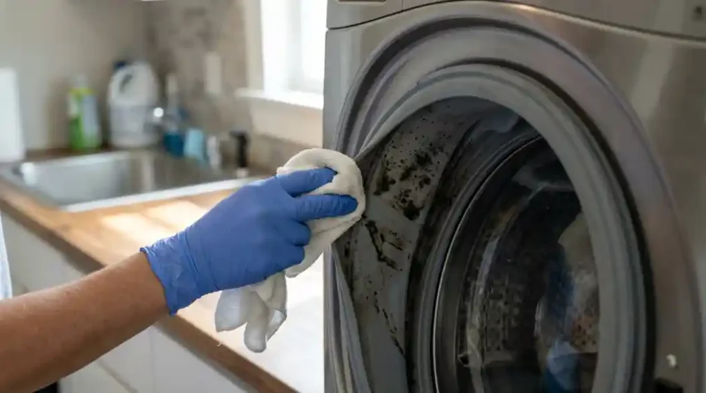 Black mold buildup inside front load washing machine rubber door gasket being cleaned to remove mildew and odor